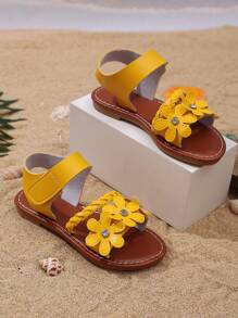 1 paire de sandales de plage mode pour adolescentes roses, en matériau PU souple et unicolore, avec décoration florale brillante, design à bande avec fermeture , bout rond, confort plat, sandales romaines mignonnes, convient aux filles de 3 à 15 ans, pour un usage quotidien, la plage, nouveautés d'été