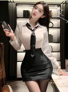 3-Piece Set Secretary Sexy See-Through Uniform Blouse Blouse Suit Collared Bottoms Bag Hip Skirt Professional Shirt Cosplay