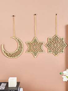 1pc Creative Wooden Hollow Hexagon, Octagon, Moon Shape Decor Hanging Ornaments, Modern Wooden Mirror Design Cozy Interior Wall Decor Hanging Accessories, Suitable For Holiday Party Decorations, Home Decor Gifts