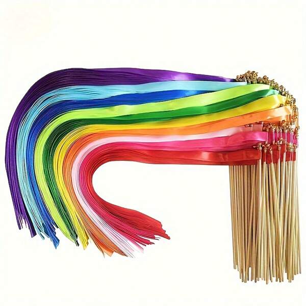 10/20 Stücke bunte Tanzstreifen Requisiten Stoff Bänder gemischte Farben Hochzeitswedel mit goldenen Glöckchen für Hochzeitsdekoration