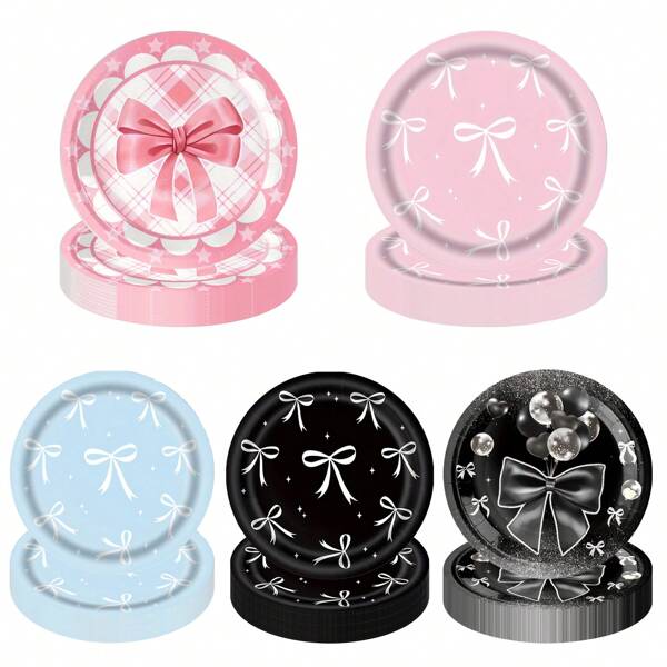 10 Pieces Of Blue, Black, Pink And White Bow Birthday Party Decorations, Bow-Themed Tableware, Happy Birthday Party Decorations, Bride Engagement Shower Party Disposable Paper Plate Supplies