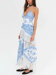 Women Boho Floral Maxi Dress Y2K Spaghetti Strap Deep V Neck Lace Patchwork Layered Ruffle Hem Flowy Long Dress Summer Sleeveless Backless Going Out Dress Beachwear - 藍色 - 查看 6