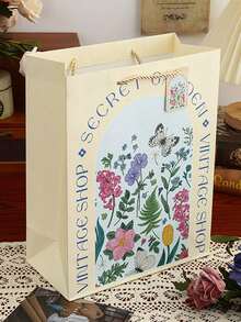 1pc Vintage Luxury Floral White Cowhide Embossed Gift Bag, Birthday Gift Wrapping Paper Bag, High-Quality Gift Packaging Tote - Multicolor - View 2