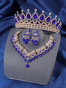 4pcs Set Kalung dan Anting Mahkota Pengantin Modis dari Paduan Seng, Perhiasan Pernikahan Berlian Imitasi untuk Pengantin Wanita - Perlengkapan Aksesori Pernikahan Elegan - Biru - View 17