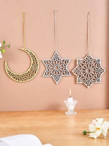 1pc Creative Wooden Hollow Hexagon, Octagon, Moon Shape Decor Hanging Ornaments, Modern Wooden Mirror Design Cozy Interior Wall Decor Hanging Accessories, Suitable For Holiday Party Decorations, Home Decor Gifts