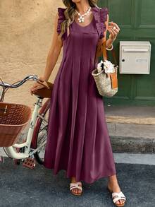 Women's Ruffle A-Line Long Dress With Puff Sleeves - Burgundy - View 3