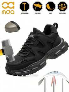 男女通用安全鞋、轻便工作鞋、舒适透气工作运动鞋、钢头鞋、男士防刺穿防挤压安全靴、工业建筑防护鞋、黑色系带劳保鞋