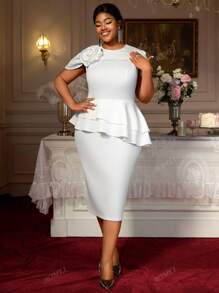 White Bodycon Dresses Elegant Peplum 3D Flowers Occasion Wedding Guest Plus Size Ladies,Outfit For Date,Party,Wedding Dress,Bridesmaid Dress,Graduation Dress,Wedding Guest