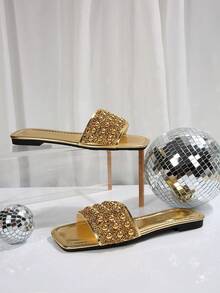 Nuevas sandalias planas de lujo antideslizantes para exteriores/playa, cómodas y versátiles, con decoración de cristales y perlas, punta cuadrada, para uso interior y diario, estilo francés, tallas grandes para mujer, primavera y verano - Dorado - Ver 5