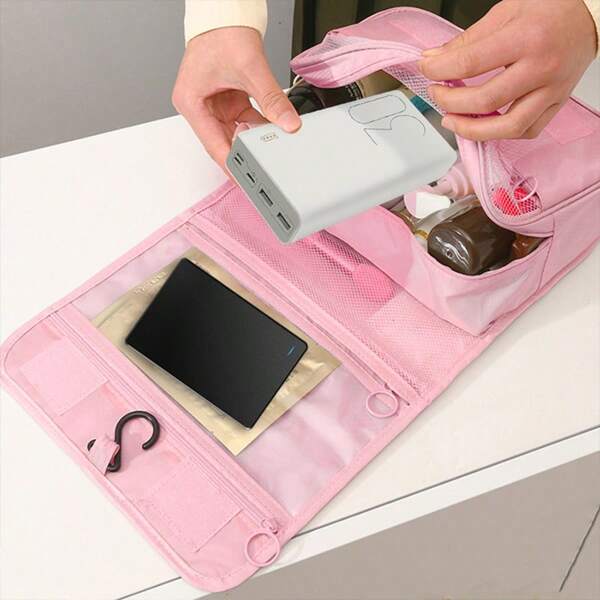 1 pieza Bolsa de tocador de gran capacidad en beige/azul/gris/rosa/color aleatorio, bolsa de cosméticos, organizador de viaje, adecuado para guardar dispositivos digitales como cables y baterías portátiles