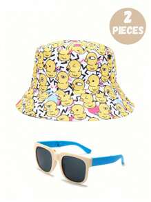 2 peças de boné de beisebol amarelo fofo e casual e óculos dobráveis para adolescentes, adequados para passeios diários, férias na praia ao ar livre, sombreamento e proteção solar