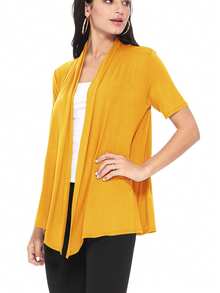 Casual Solid Short Sleeve Open Front Draped Cardigan For Office & Everyday Wear - Mustard Yellow - View 2