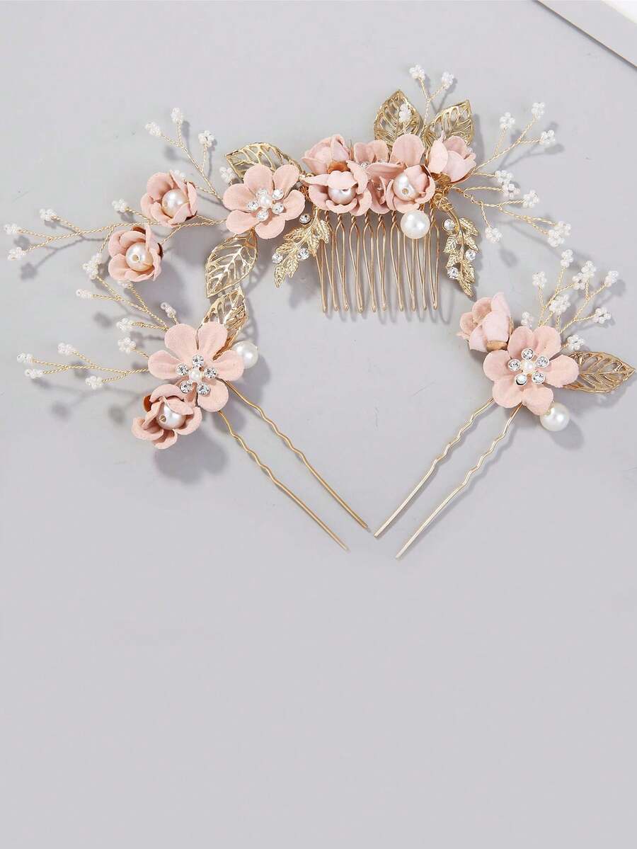 3件套新娘婚礼头饰套装：粉色花朵发梳、发夹、情人节配饰
