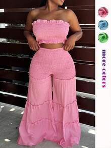 Women's Frill Trim Shirred Flare Leg Pants Set, Boho Tube Crop Top & High Waist Trousers For Beach Holiday Vacation Back To School, Ladies Summer Clothes, 2 Piece Sets Women, Womenswear, Going Out Sets - 粉色 - 查看 2