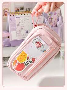 1pc Volcano New Flat Folding Pencil Bag With Portable Handle Transparent Front Pocket Pen Case For Stationery Back To School - Multicolor - View 8