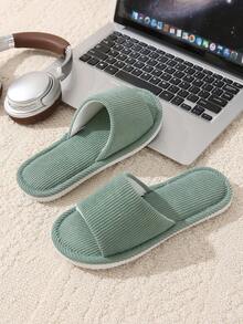 Women Corduroy Open Toe Slippers With Rough Toes, Indoor Home Slippers, Strap Sandals, Beige, Spring/Summer - Green - View 3