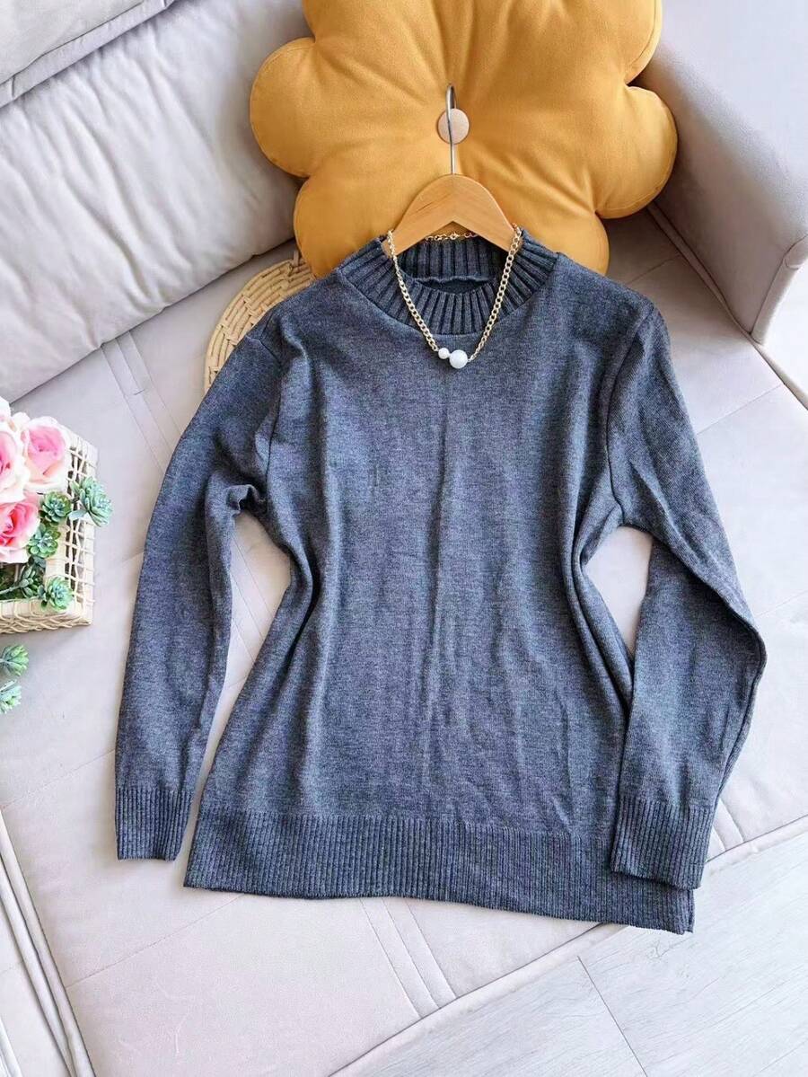 Sweater Blouse Round Neck Plus Size Basic Women Fashion - 深灰色 - 查看 1