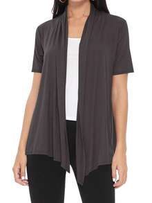 Casual Solid Short Sleeve Open Front Draped Cardigan For Office & Everyday Wear - Charcoal - View 1