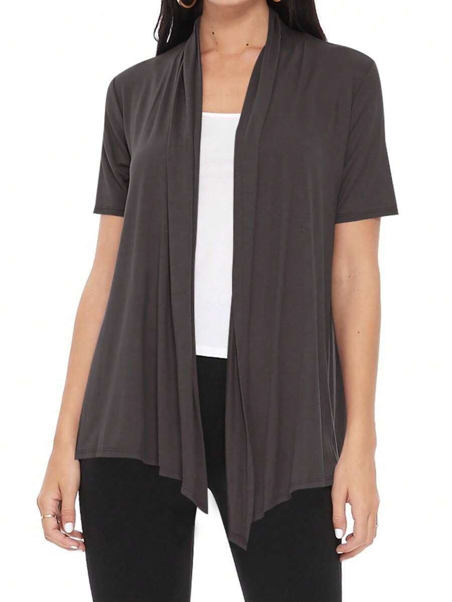 Casual Solid Short Sleeve Open Front Draped Cardigan For Office & Everyday Wear - Charcoal - View 1