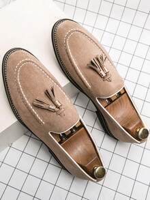 男士休闲一脚蹬乐福鞋，时尚绒面流苏船鞋，商务工作日常莫卡辛鞋，全年男士鞋履 - 米色 - 查看 2