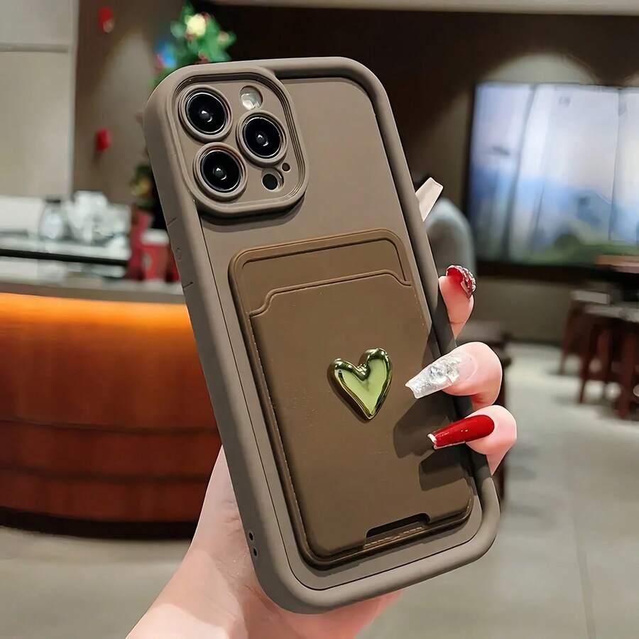 2-in-1 Set: 1 Stück 3D goldenes Herz Soft Silikon Handyhülle + 1 Stück Kartenetui, kompatibel mit iPhone 16 16ProMax 16Pro 16plus XR 15 14 Pro Max 12 13 Pro 11, Anti-Sturz Candy Schutzhülle für Serie, wasserdicht, stoßfest, kratzfest