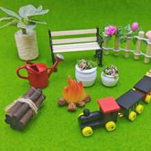 Miniatura de banco de parque realista para casa de muñecas, maceta de flores, fuego, decoración de madera y enredadera, accesorios para escena de sala de estar, exterior, dormitorio, modelo colgante de pared, escena del hogar en miniatura DIY, regalo coleccionable para aficionados y entusiastas de los pasatiempos