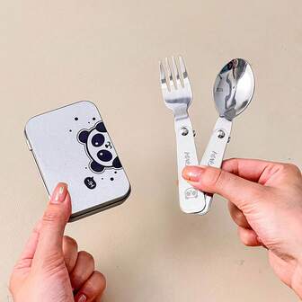 3 件套便携式折叠餐具套装，304 不锈钢折叠叉勺带餐具盒，可爱卡通图案可重复使用餐具套装，可用洗碗机清洗，适合成人和学生在家中、学校、宿舍、办公室、派对、户外露营、野餐、旅行、返校使用