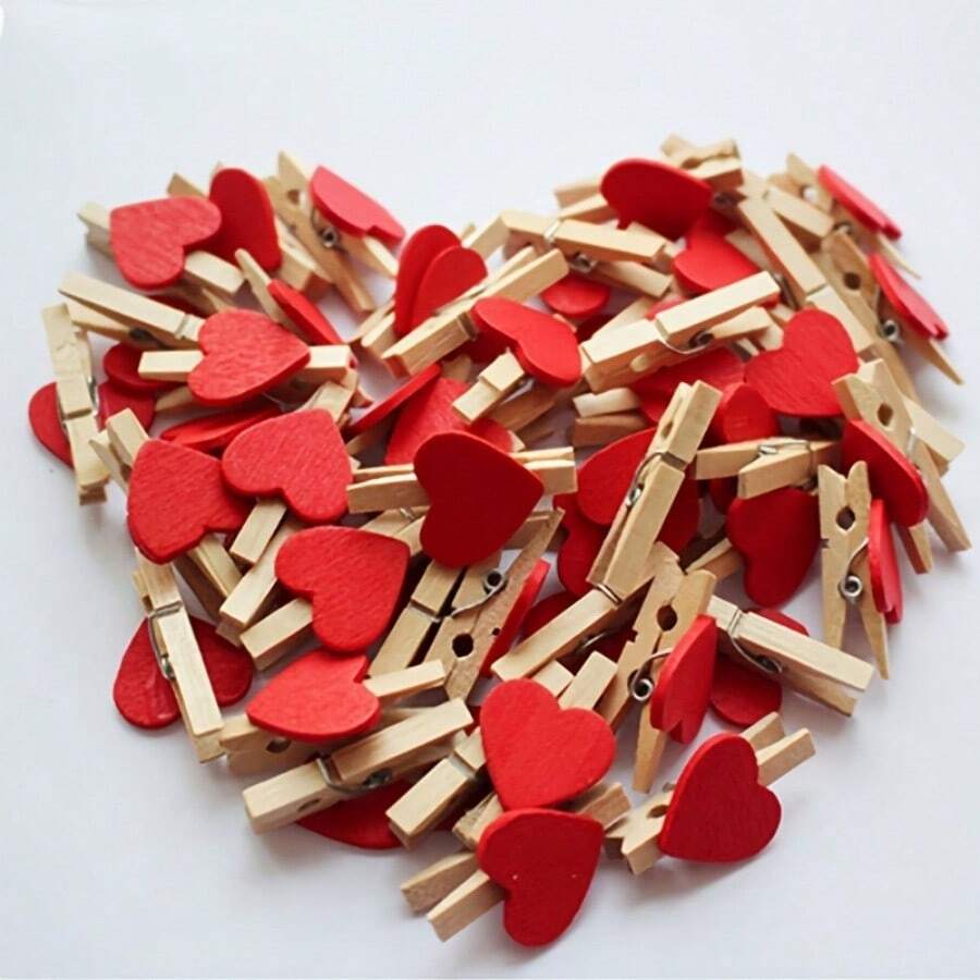 50 个红心木夹 - 婚礼、派对和节日装饰照片夹 - 轻巧优雅的 DIY 工艺用品，节日装饰夹 | 装饰夹 | 光滑纹理木材