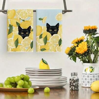 A Set Of 1/1/2 Spring Towels Designed With A Lemon Cat Pattern, Woven From 100% Polyester Fiber, Measuring 16 * 24 Inches/40 * 60 Centimeters. They Are Machine Washable Polyester Hand Towels, Heat-Resistant, Absorbent, And Quick Drying. They Are Used For Table And Bowl Cleaning, As Gifts, Household Items, And Interior Decoration.