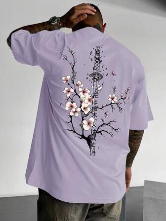 Men's Loose Fit Crew Neck Khaki T-Shirt With Japanese Sword Sheath Design, Spring/Summer