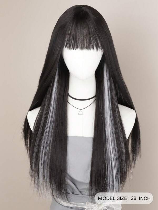 Stunning 28 - Inch Black Wig With Silver Highlights