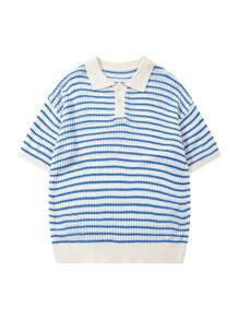 Unisex Retro Loose Casual Striped Short Sleeve Polo Collar Knitted Top, European And American Style
