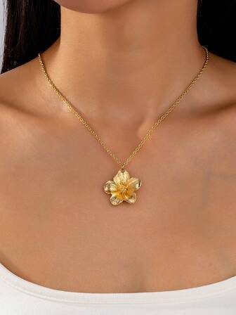 1pc/Set Vacation Style 5-Petal Flower Golden Pendant Necklace, Wedding Gift For Women