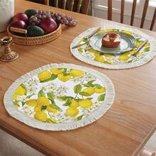 1 pieza Mantel individual de lino con borlas, tapete de escritorio con estampado de limón, mantel con borlas blancas redondas y rectangulares, tapete para mesa de café y comedor, decoración para el hogar