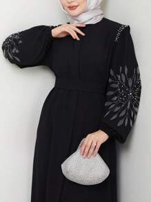 Elegante Vestido Abaya de Cor Sólida Feminina com Zíper, Decoração de Pérolas e Strass, Manga Longa, Estilo Turco do Oriente Médio, Preto