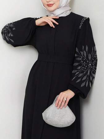 优雅纯色女式阿巴雅长袍，拉链，珍珠和水钻装饰，长袖，中东土耳其风格，黑色