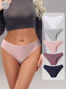 5 piezas de bragas de mujer de unicolor, cómodas, minimalistas, de algodón puro, suaves y transpirables