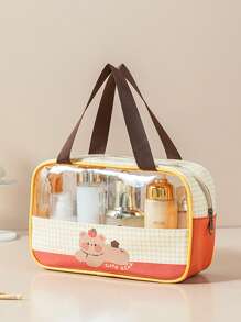 1pc Cartoon Plaid Transparent PVC Cosmetic Bag, Double Layer Wet & Dry Separation Travel Makeup Organizer, Waterproof