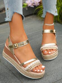 Plus Size Women's Platform Wedge Sandals, New Summer Fashion Elegant Bohemian Style Gold Rivet Woven Thick Bottom High Heel Sandal, Suitable For Daily Wear, Vacation, Work Commute, Comfortable & Versatile - Gold - View 4