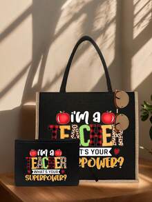 Teacher Appreciation Gift Linen Handbag With Cute Printed With An Apple, A Heart-Shaped Pattern, And The Letters' I Am A Teacher What's You Superpower? - Khaki - View 4