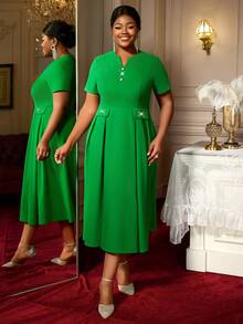 Green A Line Dresses Short Sleeves Classy Church Female Event Party Work Business Plus Size Ladies - Green - View 6