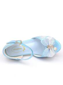 Girls' Crystal High Heel Sandals, Princess Shoes With Bowknot, Blue & White Formal Dress Shoes With Sequins