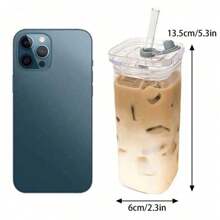 1pc Aesthetically Square Lid Straw Heatproof Glass Cup, Portable High Borosilicate Milk, Coffee, Juice Cup, Large Capacity Square Mouth Glass Water Bottle