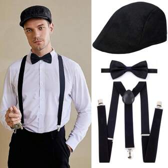 Set de 3 piezas de traje de hombre de los años 20, accesorios de traje de fiesta que incluyen sombrero y pajarita