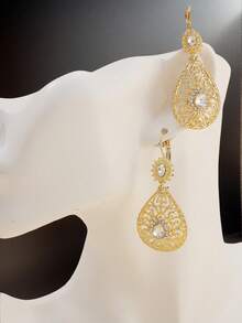 摩洛哥风格复古女士金耳环，泪珠设计，镂空雕刻，饰有泪珠水钻，适合阿拉伯女性在宴会、日常场合和各种活动中佩戴的耳环 - 耳環 - 查看 9