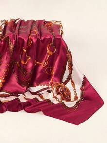 1件装女士波西米亚风链条印花缎面头巾，休闲优雅日常头巾披肩，防晒连衣裙 - 酒紅色 - 查看 4