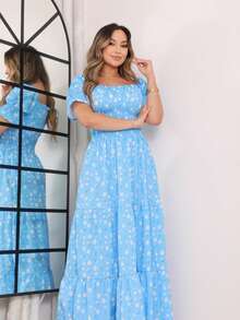 Women's Dress All-Over Print Leaf Boho Fabric Ruffle Hem Ruffled Ruched Long Beach Evening Birthday Party Baby Shower Garden Photoshoot - Blue and White - View 4