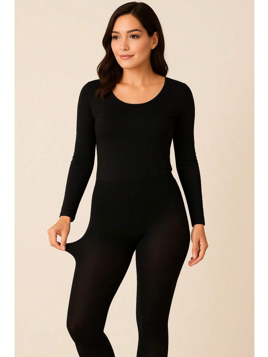 Women's Winter Thermal Kit: Second Skin Top + Tights With Feet | Warm, Elegant And Ideal For Cold Days! - màu đen - Xem 1