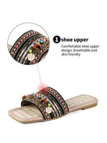 WRCVS Sandali piatti da donna con catene e ricami, beige, stile casual boho con lavorazione intrecciata, adatti per l'estate