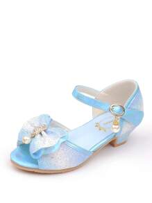 Girls' Crystal High Heel Sandals, Princess Shoes With Bowknot, Blue & White Formal Dress Shoes With Sequins